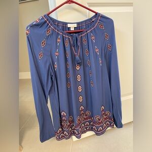 J. Jill Blue Blouse with Red Embroidery